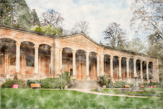 The Trinkhalle (pump house) in the Kurhaus spa complex in Baden-Baden, Baden-Württemberg, Germany. Watercolor Illustration.