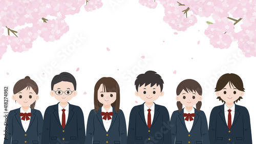 卒業 入学 学生 中高生 生徒 男女 桜 イラスト素材 Wall Mural Senryu