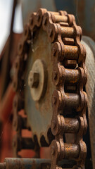 chain with rust from old vandalized agricultural machinery