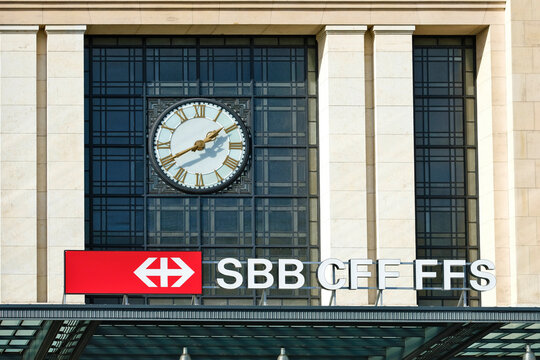 Geneva Switzerland , 3 february 2021 : sign and logo on the Front view of Geneva Cornavin railway station