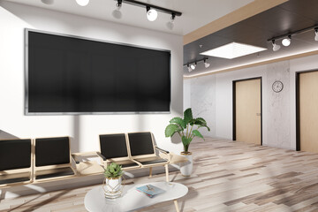 Panoramic frame Mockup hanging in office waiting room. Template of a billboard in modern interior 3D rendering