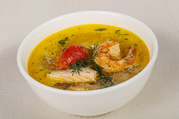 Fish soup with salmon and prawn