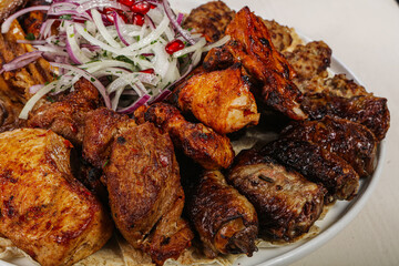 Caucasian shashlik plate with grilled meat