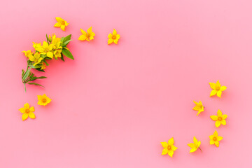 Flowers pattern. Flat lay of yellow flowers with leaves, top view