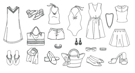 Summer set woman's clothing and accessories. Vector illustration. Elements for design, packaging, dishes, paper, cards, coloring book