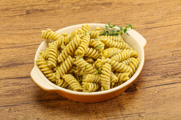 Italian pasta Fusilli with pesto