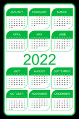 Calendar 2022 yearly. Week starts on Sunday. Vector illustration, green eco design.