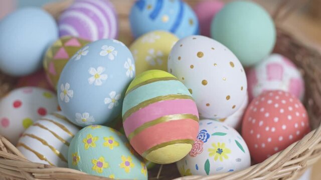 Close up of colorful easter eggs. easter decoration concept.