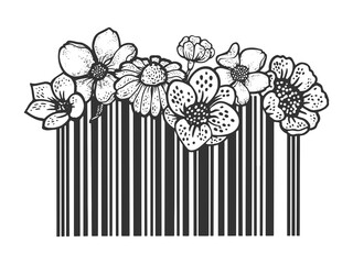 Barcode with flowers sketch raster illustration