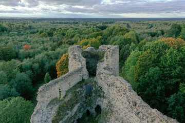 Fototapeta premium Aerial view of the Defensive Fortress in the south-west of the Leningrad Region, on the edge of the Izhora Upland, in the village of Koporye. A platform for a high rocky promontory.