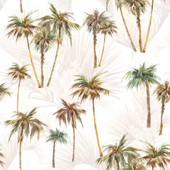 Palm trees seamless pattern. Watercolor repeating wallpaper design.