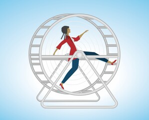 Woman running as fast as she can, with big steps in a hamster wheel or squirrel wheel.  Stress in life. Image could be found with other ethnicity/sex. Vector illustration. EPS10.