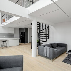 Two-story apartment with mezzanine and stairs - obrazy, fototapety, plakaty