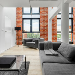 Modern and minimalist living room in loft