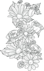 Realistic mix flowers bouquet with roses, camomile flowers and gerbera daisy sketch template. Vector illustration in black and white with small flowers for games, pattern. Coloring paper, page, book
