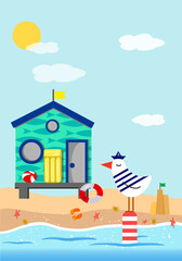 Summer illustration with beach house, seagull and sea. Beach items for sea recreation. Vector illustration for use in prints, posters, flyers and invitations, discount promotions.