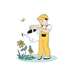 A small boy is watering garden flowers from a large watering can. Doodle-style drawing.