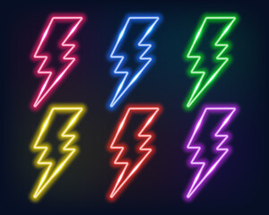 Neon frame. Set of neon lightning bolts of different colors. Laser glowing lines on a dark background. Neon sign.