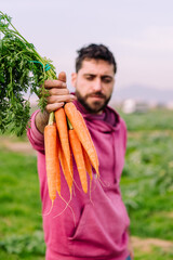 vertical photo of a farmer showing carrots
