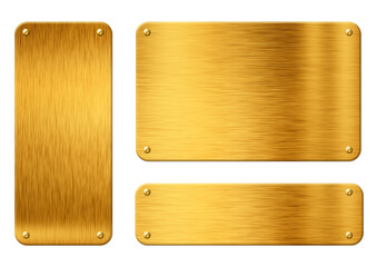 Gold metal plates with rivets isolated white on background. Shiny textures with space for your text. 3D illustration