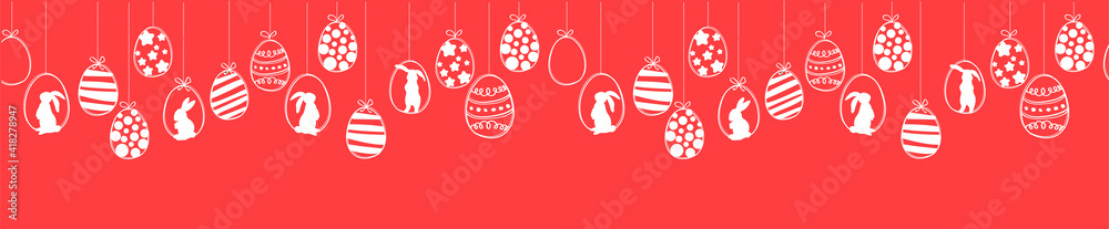 Wall mural easter decorations with minimalis easter eggs and bunnies. vector hanging easter eggs
