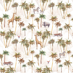 Safari seamless pattern. Watercolor repeating wallpaper design with palm trees and wild animals.