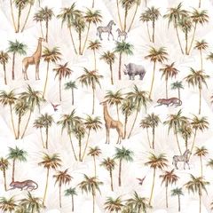 Wallpaper murals African animals Safari seamless pattern. Watercolor repeating wallpaper design with palm trees and wild animals.