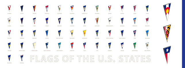 All Flags of The U.S. States sorted alphabetically. 3D triangular pin icon.