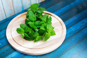 Fresh mint on wooden table copy space