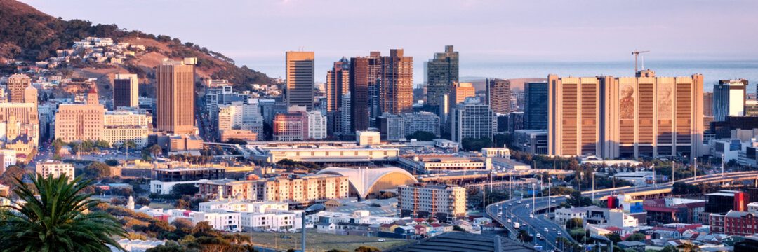 Aerial panoramic view of downtown Cape Town skyline at sunrise