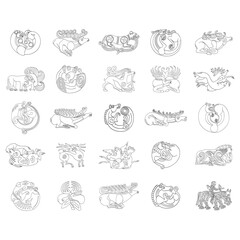 vector monochrome icon set with ancient Scythian art. Plaques with animal motifs for your project