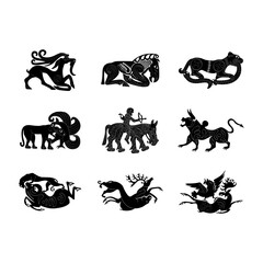 vector monochrome icon set with ancient Scythian art. Plaques with animal motifs for your project