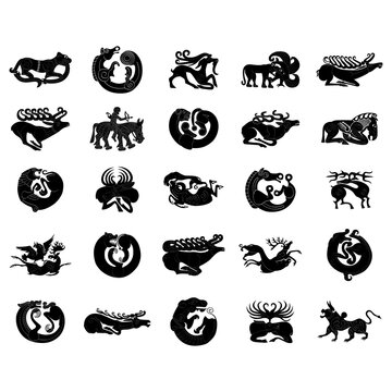 vector monochrome icon set with ancient Scythian art. Plaques with animal motifs for your project