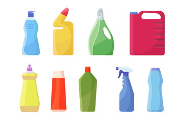 Bleach containers set. Colorful plastic bottles, can, spray for detergent, liquid soap, chemical disinfectant. Vector illustrations for laundry, toilet cleaning, hygiene, household concept