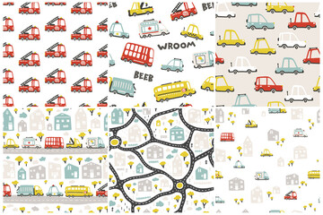 Roads and cars. Nurseri set of patterns for baby textiles, fabrics or packaging. Vector seamless backgrounds with simple hand drawn doodle illustrations in cute cartoon scandinavian style
