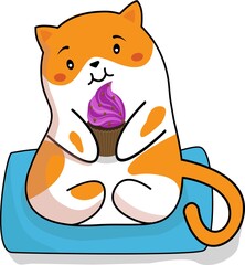 Vector illustration of a cute cat with a cupcake. An idea for holiday invitations, for coloring books, for postcards, for Valentines, for children's books and creativity.