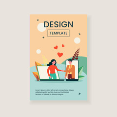 Couple meeting on dating website. Happy man and woman shaking hands, gadget screens, hearts flat vector illustration. Online service, internet concept for banner, website design or landing web page