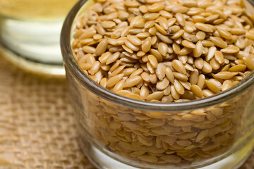 Golden flaxseed or linseed, close up, healthy eating