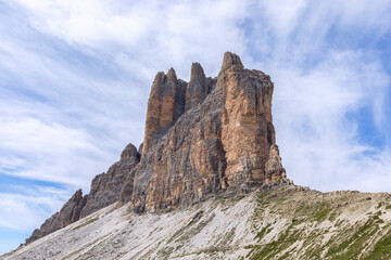 Fototapeta na wymiar View from a different angle to Tre Cime di Lavaredo. Tre Cime Natural Park. South Tyrol, Italy