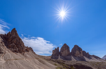 Amazing view of Tre Cime di Lavaredo under midday sun. South Tyrol, Italy