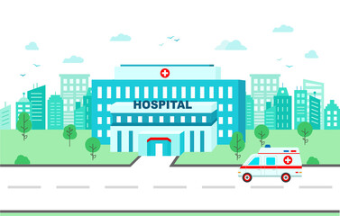 Medical center building on background of the city in flat style. Hospital where ambulances arrive. Vector illustration.