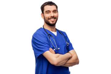 healthcare, profession and medicine concept - happy smiling doctor or male nurse in blue uniform with stethoscope over white background