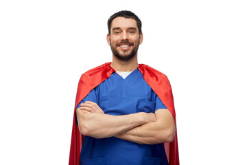 healthcare, profession and medicine concept - happy smiling doctor or male nurse in blue uniform...