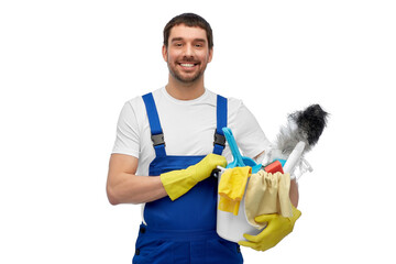 profession, service and people concept - happy smiling male worker or cleaner in overall and gloves...