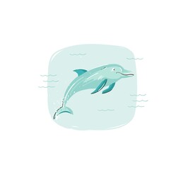 Hand drawn vector abstract cartoon summer time fun illustration with jumping dolphin in blue ocean waves isolated on white background