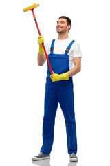 profession, service and people concept - happy smiling male worker or cleaner in overall and gloves with window cleaning mop over white background