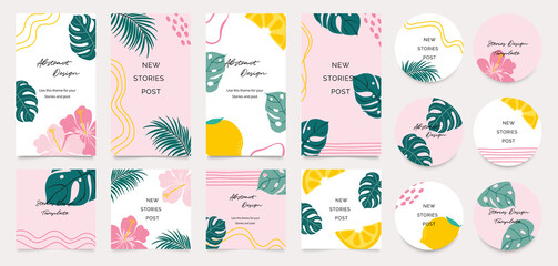 summer Stationary story templates and highlights covers vector set. Social media background design with floral and tropical leaf and colorful textures. Abstract minimal trendy style wallpaper. 