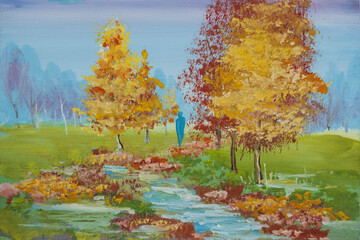 Painting autumn park, yellow foliage and human silhouette