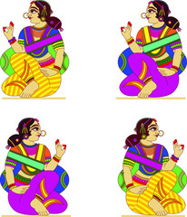women from royal families drawn in Madhubani Kalamkari style for textile printing, India. It can be used for a coloring book, textile/ fabric prints, phone case, greeting card. logo, calendar