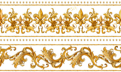 seamless pattern gold chains, damask curl and lions. luxury illustration. golden lion. luxury jewelry design. riches background.